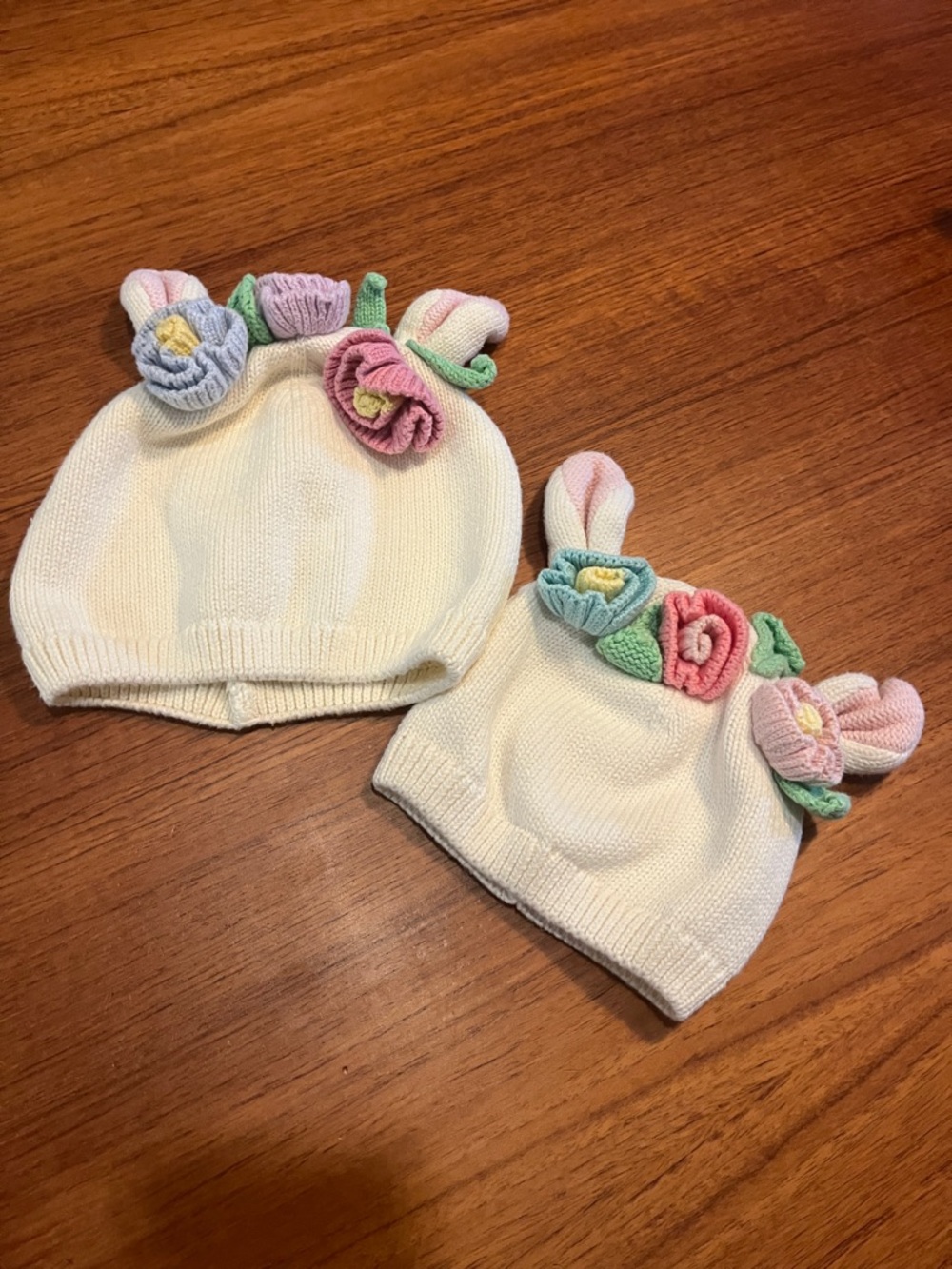 GAP Cream Knit Baby Hats with Pastel Floral Accents